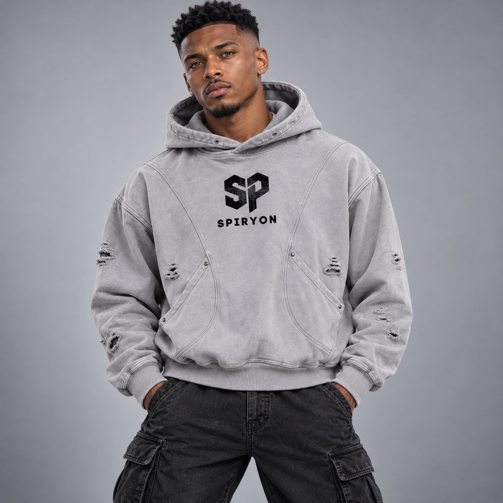 Snow Washed Distressed Panel Pocket Hoodie