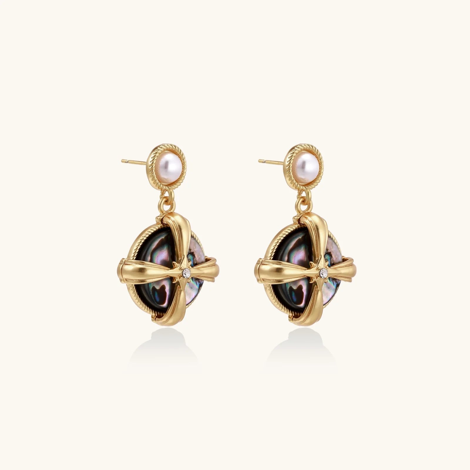 Gold-plated drop earrings with iridescent abalone shell and pearl studs in geometric cross design