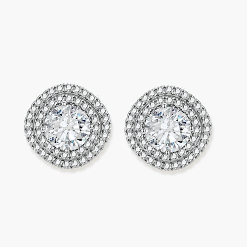 Double halo sterling silver stud earrings with brilliant round moissanite center stones and pavé crystal accents