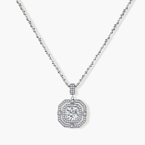 Sterling silver octagonal pendant necklace with brilliant moissanite center stone and halo setting on white background.