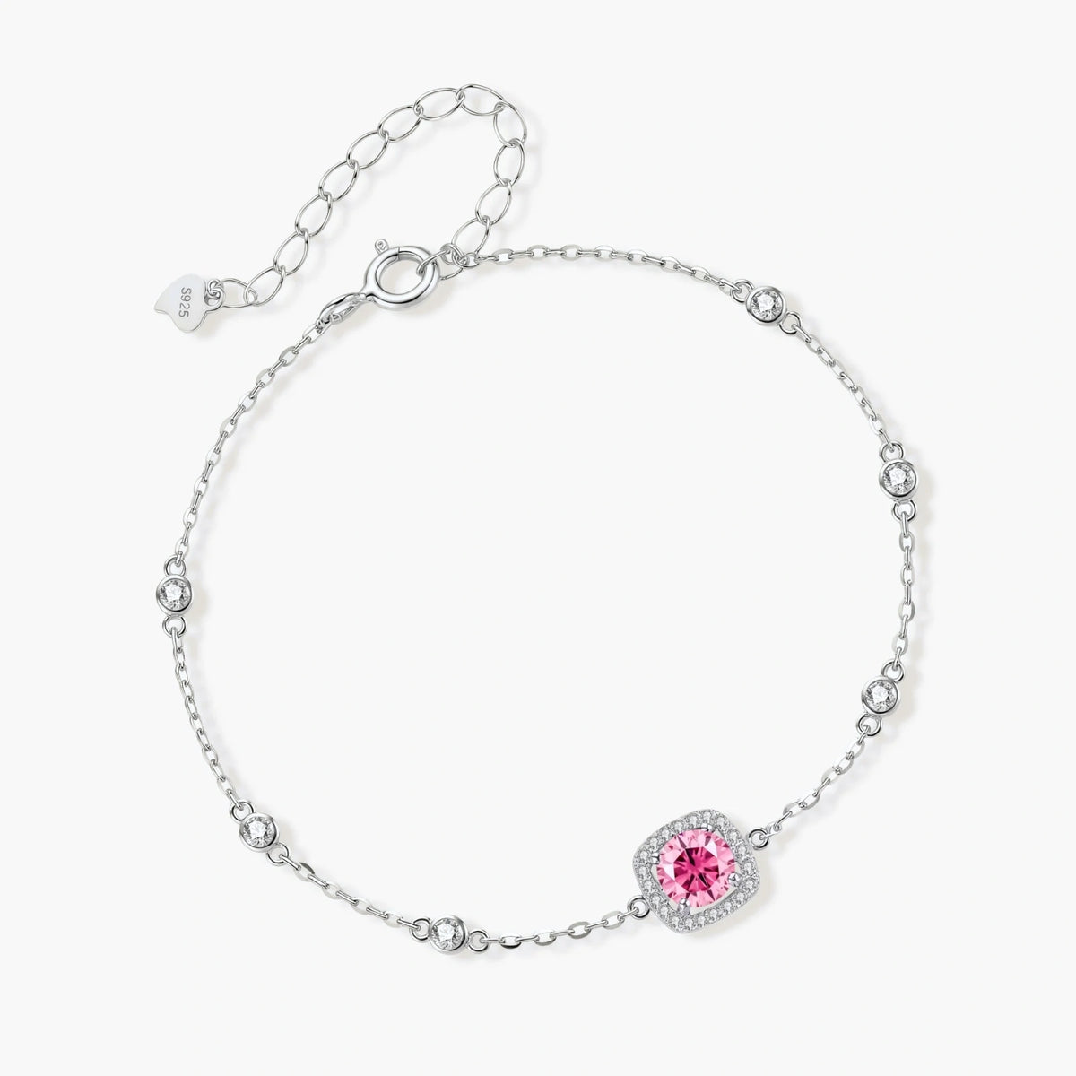 Elegant sterling silver chain bracelet featuring pink moissanite center stone in cushion halo setting with adjustable clasp