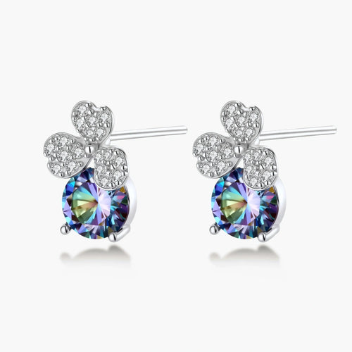 Sterling silver stud earrings with four-leaf clover design featuring small crystals above round moissanite stones