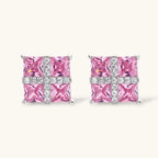 White gold plated jewelry set with pink cubic zirconia stones in geometric cross design, featuring Y-necklace and square stud earrings