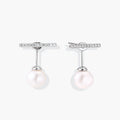 Rhodium-plated sterling silver ear jacket earrings with diamond-set horizontal bar and freshwater pearl drop