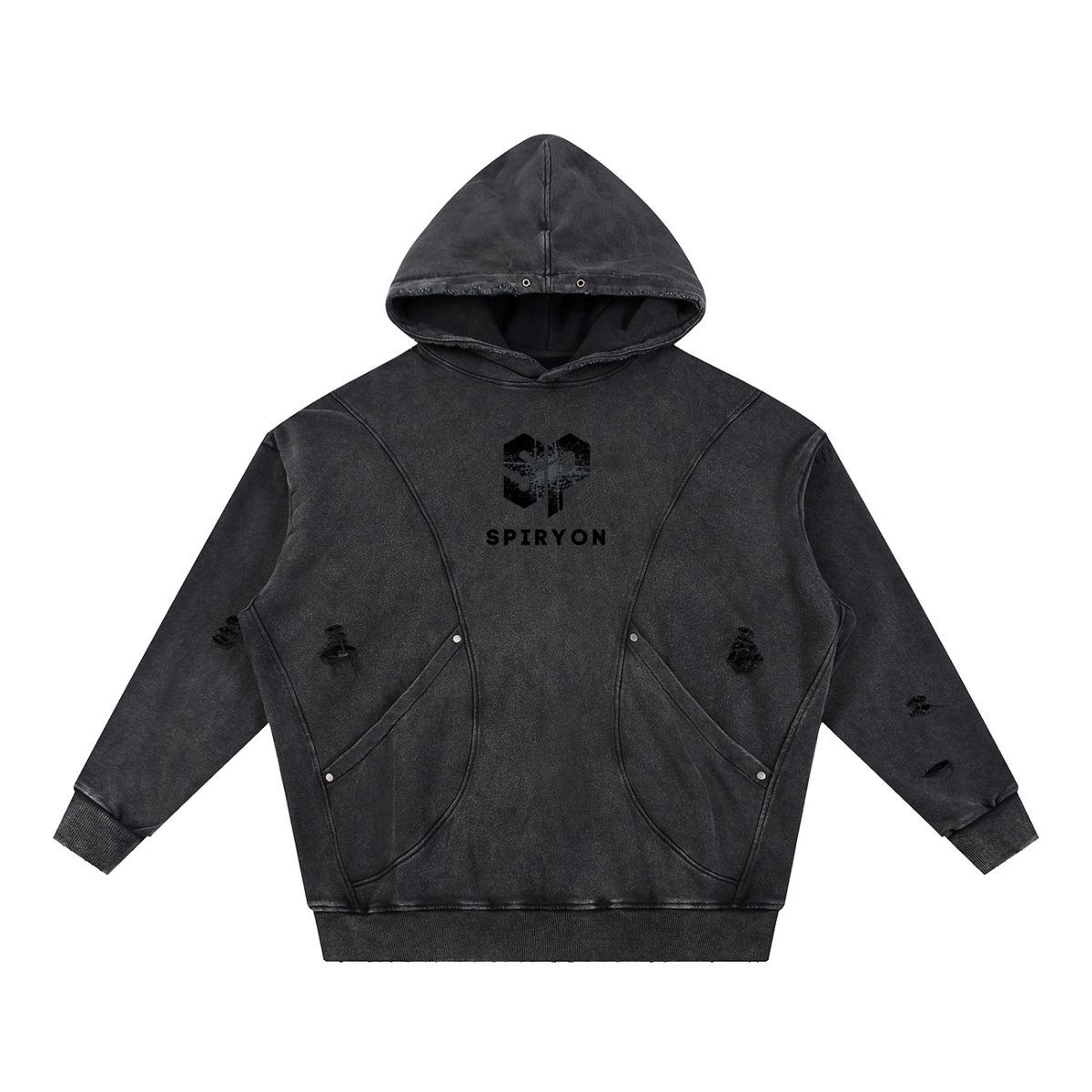 Snow Washed Distressed Panel Pocket Hoodie