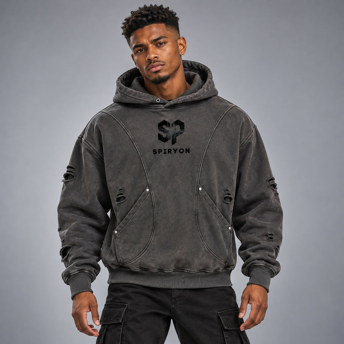 Snow Washed Distressed Panel Pocket Hoodie