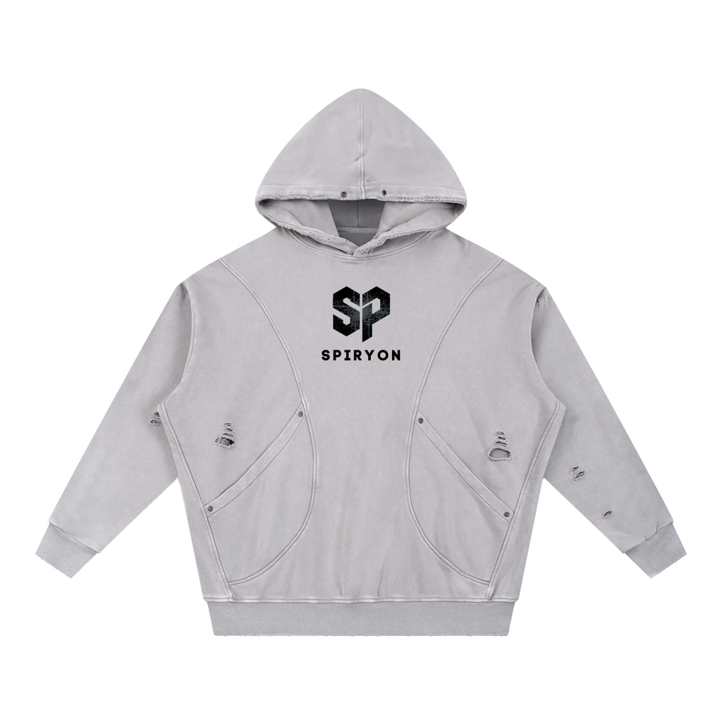 Snow Washed Distressed Panel Pocket Hoodie