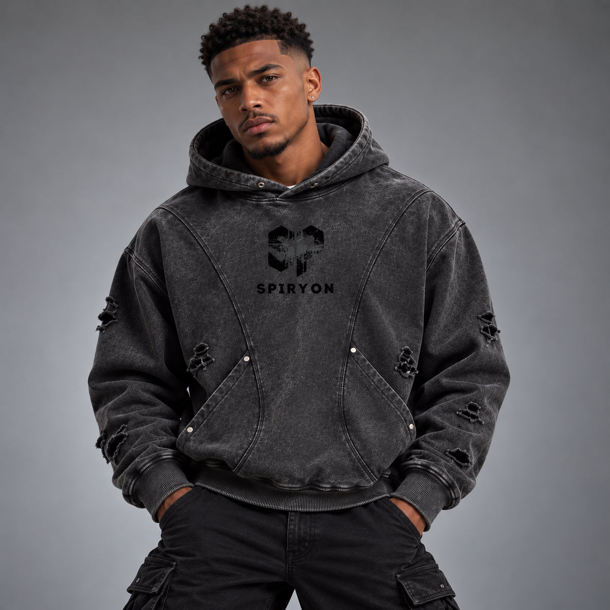 Snow Washed Distressed Panel Pocket Hoodie