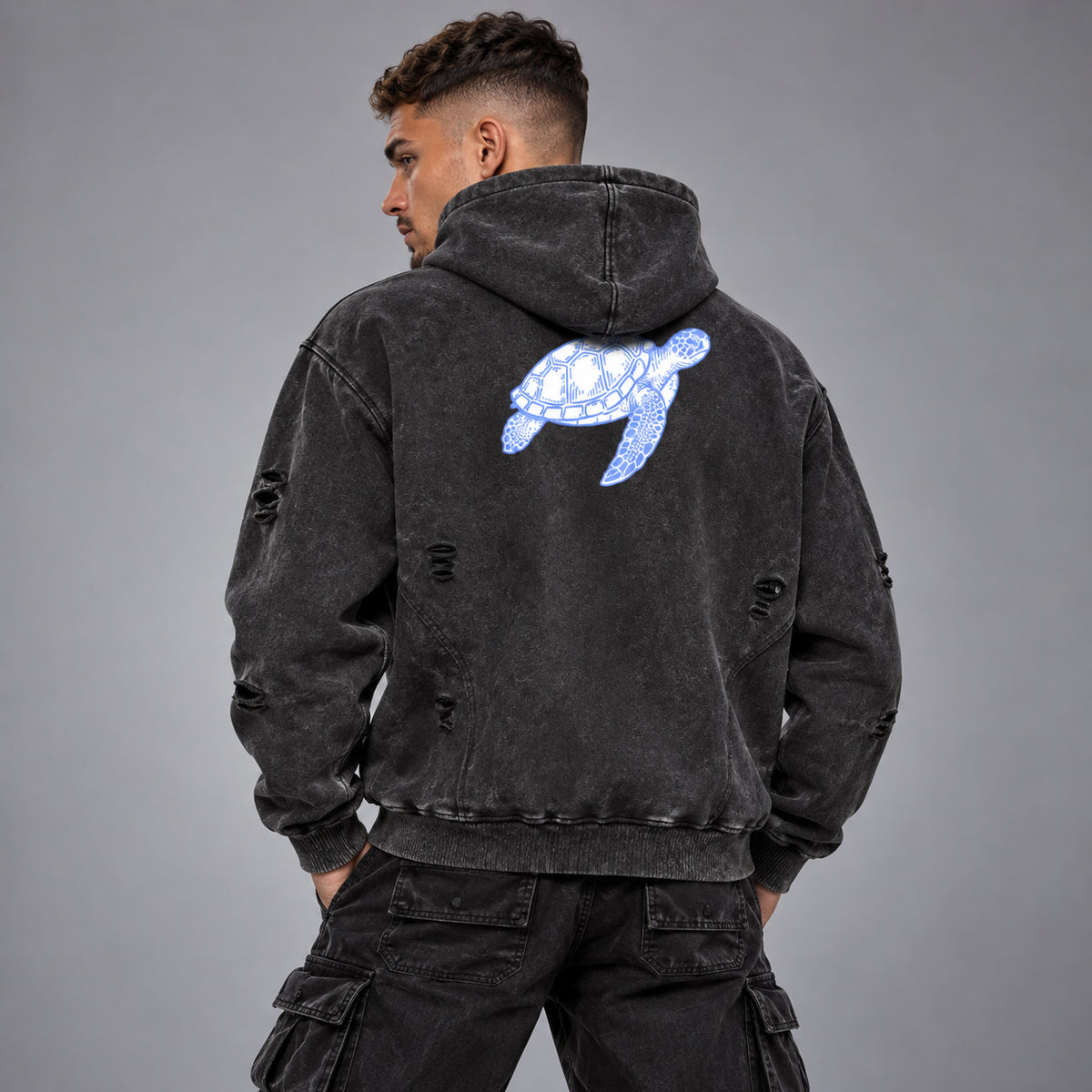 Snow Washed Distressed Panel Pocket Hoodie