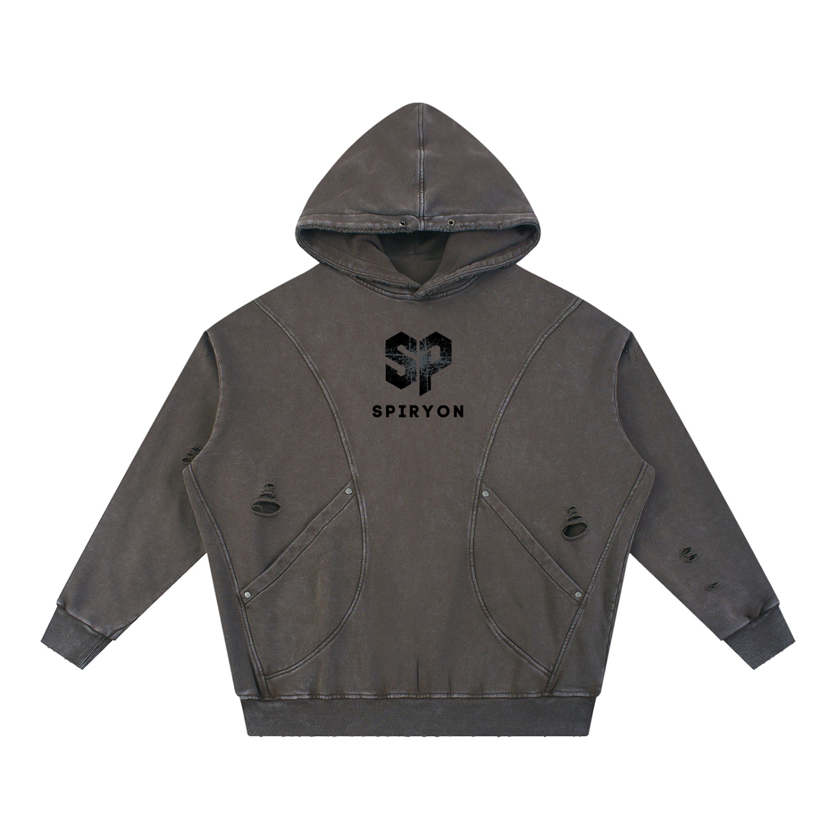 Snow Washed Distressed Panel Pocket Hoodie